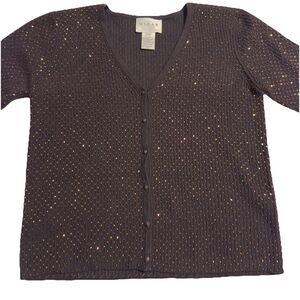 Oscar de la Renta Sz PXS Petit Cropped Cardigan Beaded Dark Brown Cashmere Silk